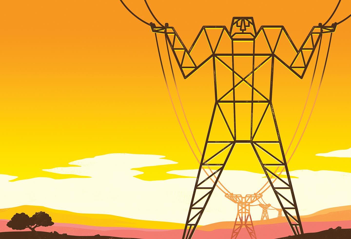 Illustration of an electricity pylon with arms upraised against an orange sunset, conveying the concept of energy and power.