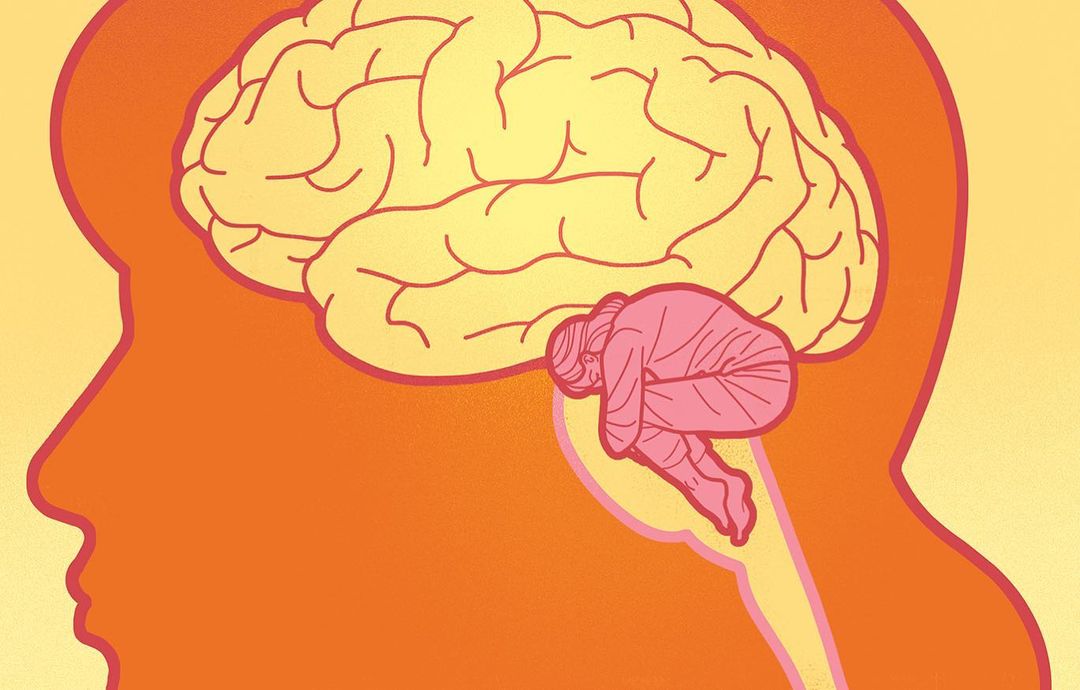 Illustration of an orange head profile revealing a brain with person curled in fetal position; light yellow background, psychology. 