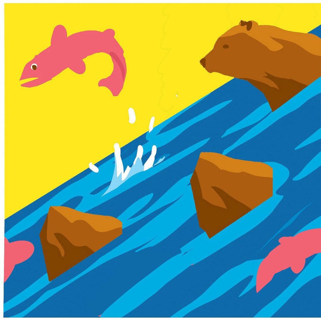Illustration of a brown bear watching a pink salmon jumping up a blue waterfall with rocks, set against a bright yellow sky.