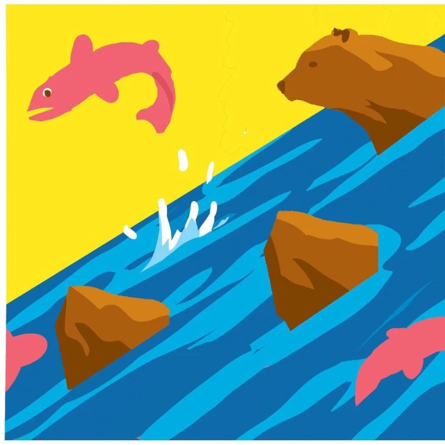Illustration of a brown bear watching a pink salmon jumping up a blue waterfall with rocks, set against a bright yellow sky.