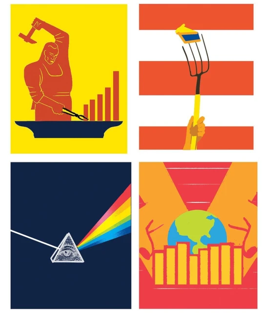 Four stylized images depict a blacksmith, a hand holding a garden fork, a prism refracting light, and hands holding Earth.