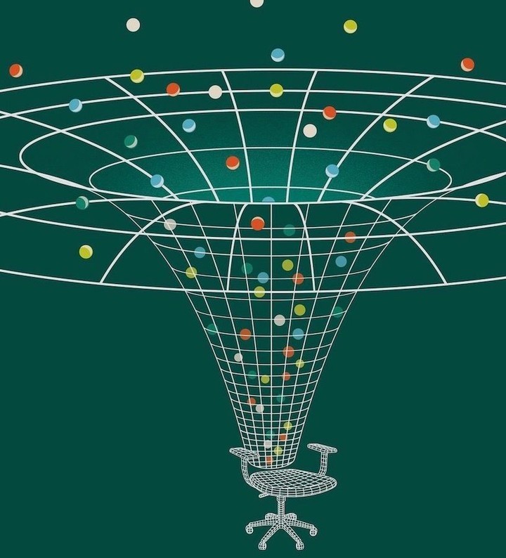Illustration of colorful dots falling into a wireframe funnel above a wireframe office chair, set against a teal background.