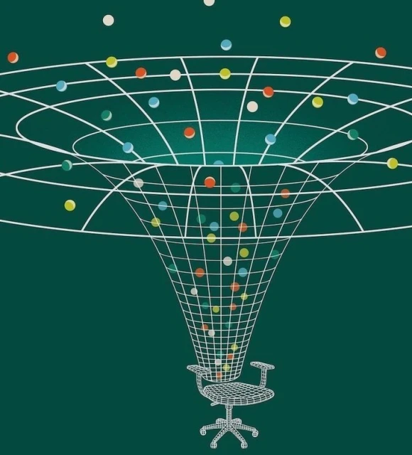 Illustration of colorful dots falling into a wireframe funnel above a wireframe office chair, set against a teal background.