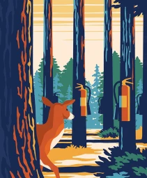 Illustration of a deer looking at fire extinguishers mounted on trees in a forest