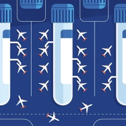 Illustration of airport jet bridge tubes and white airplanes arranged in a repeating pattern against a dark blue background.