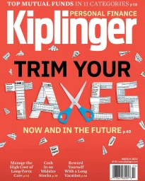 Magazine cover illustration featuring scissors cutting tax forms on a red background with bold typography