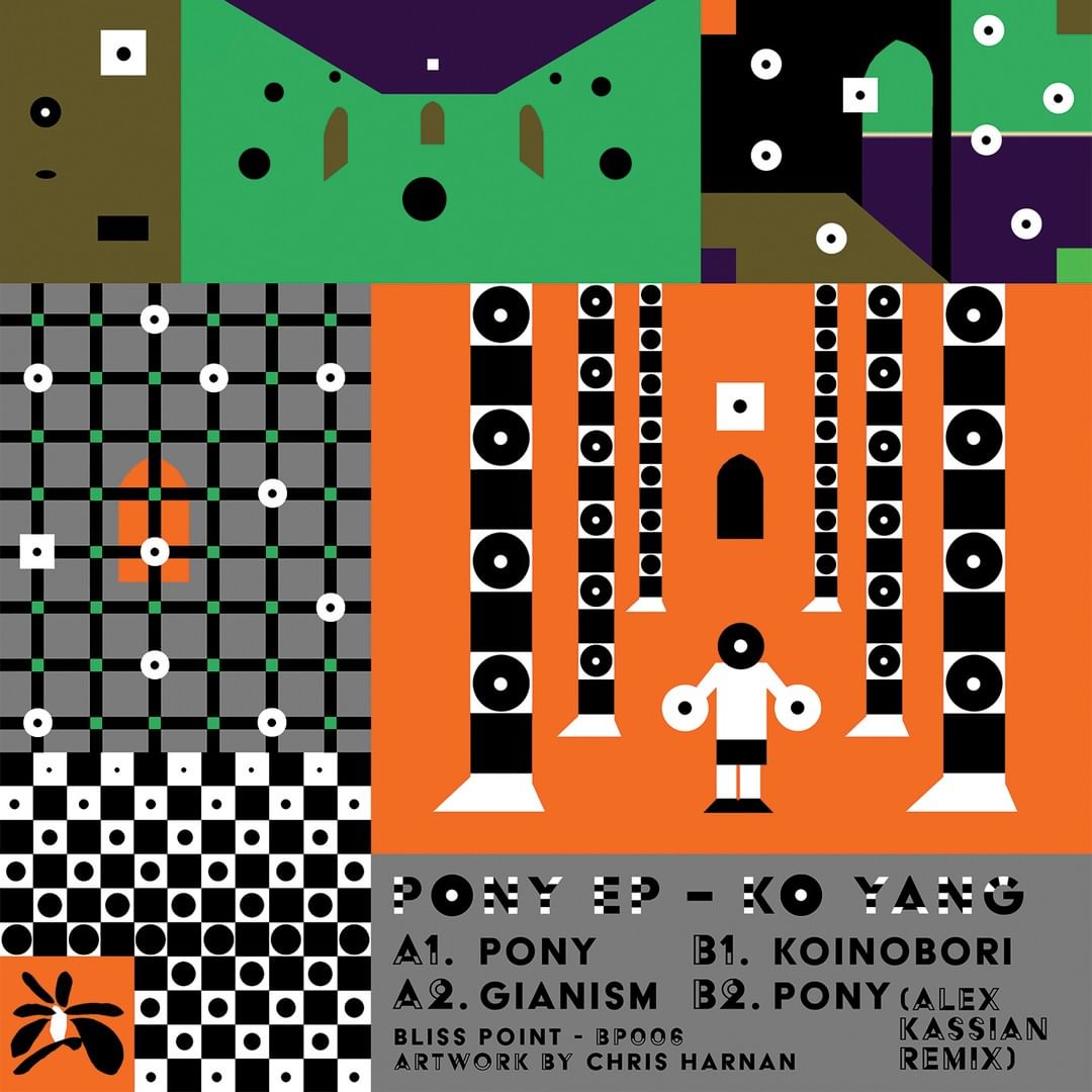Abstract vector artwork features geometrical shapes, a figure, and text, arranged in a grid, against orange, green, grey, and black backgrounds.