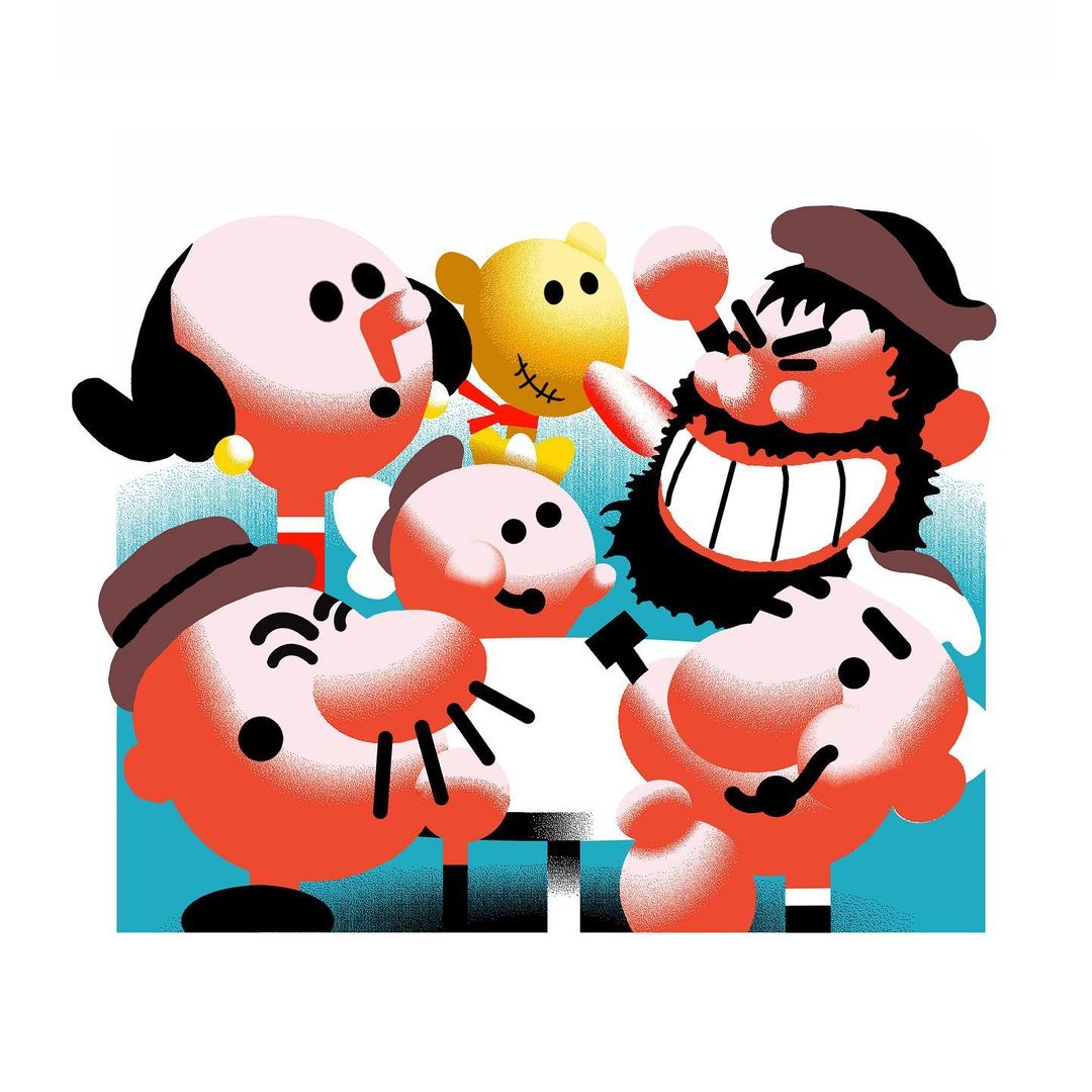 Illustration of Popeye the Sailor and other cartoon characters in a group, featuring bold outlines and a vintage comic book style.