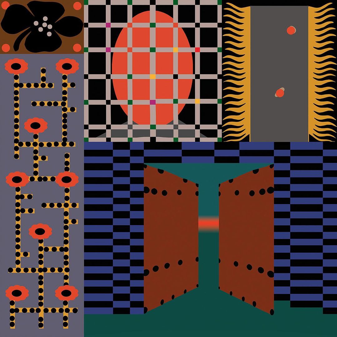 Abstract digital art with geometric shapes, floral patterns, and a central open door design in shades of brown, blue, and red.