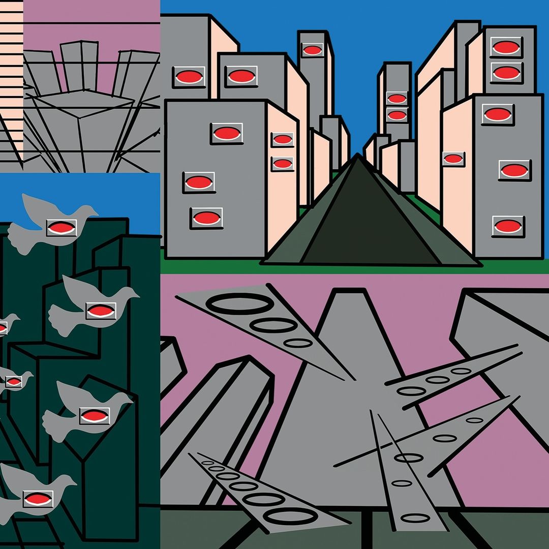 Abstract vector illustration features grey buildings with red windows and geometric forms, creating a surreal urban skyline.