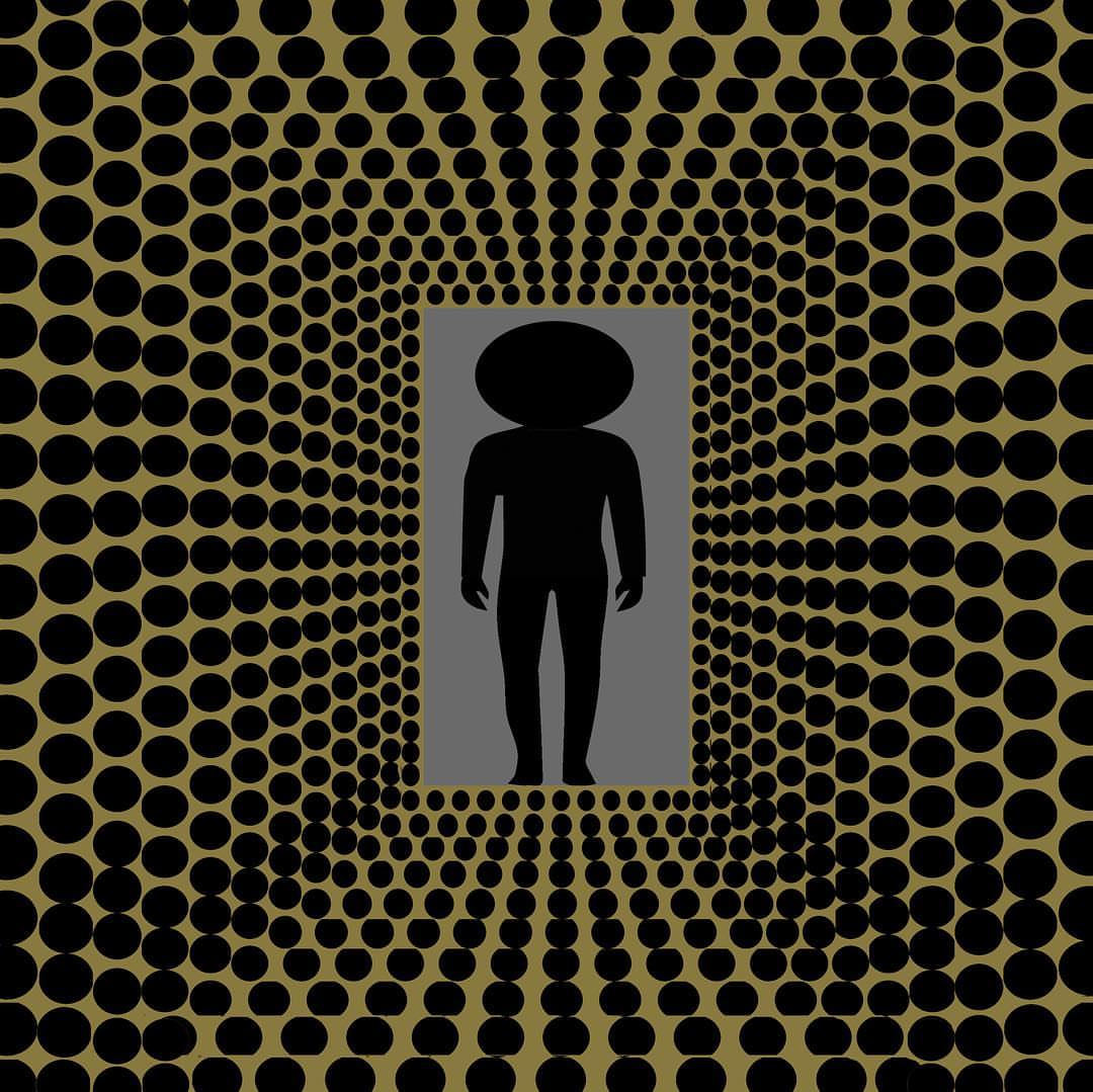 Abstract digital art with a silhouette of a figure in a gray rectangle against a brown and black dotted pattern background.