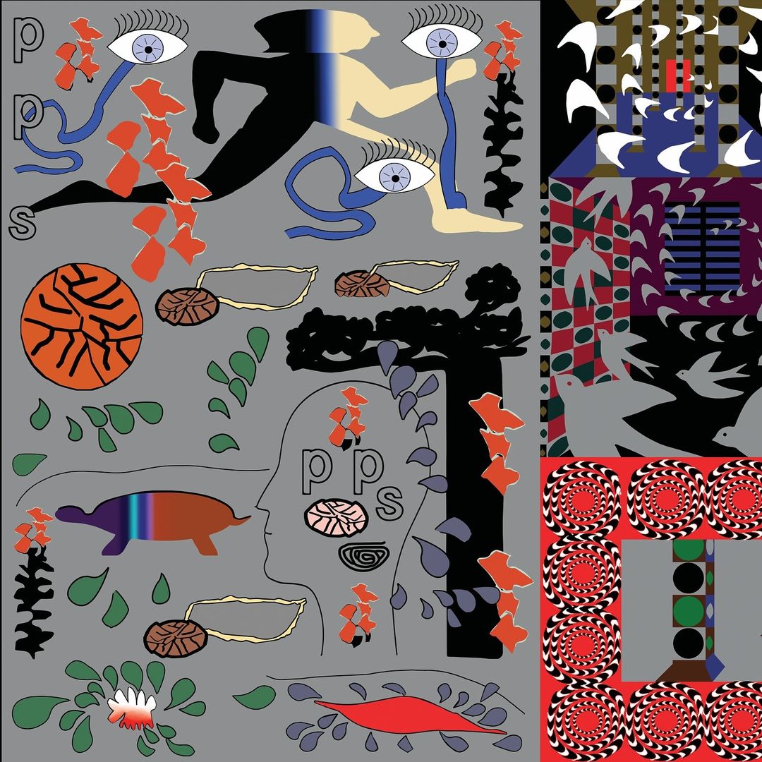 Abstract illustration featuring human figures, eyes, flora, and geometric shapes in a surreal composition with a gray background.