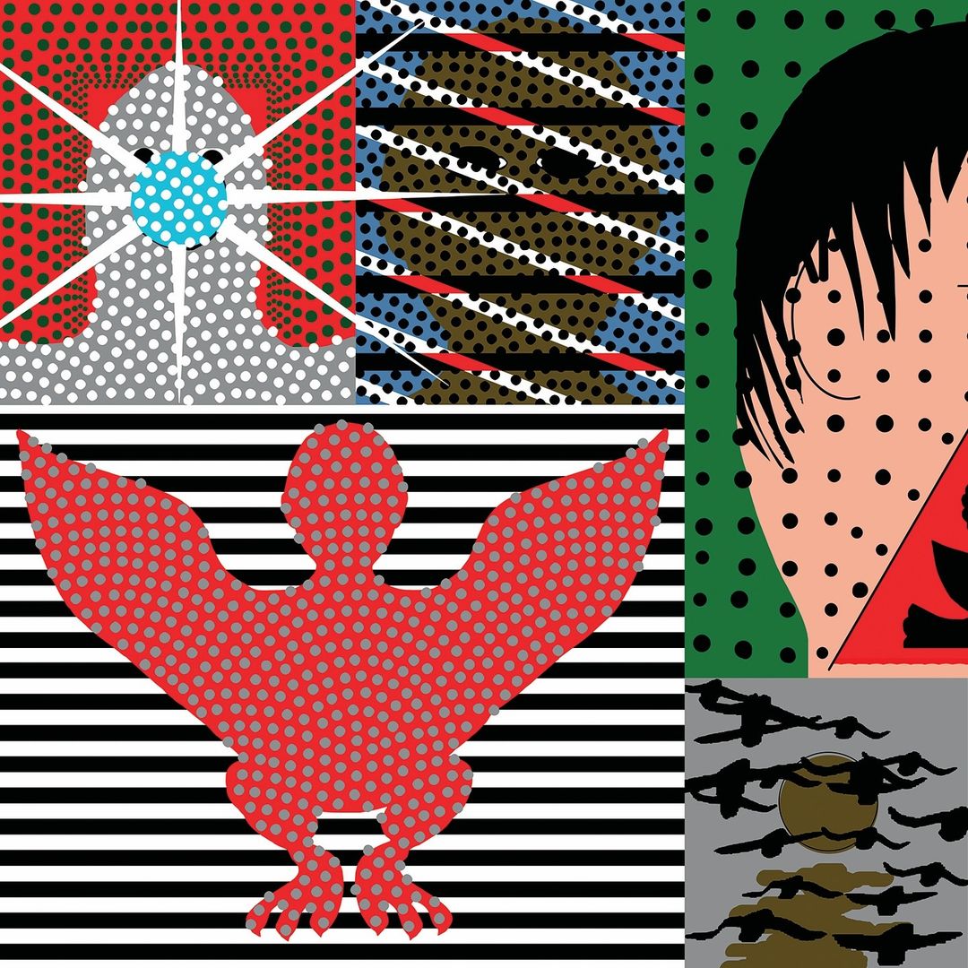 Abstract art collage featuring a dotted humanoid form, a bird silhouette, and geometric patterns in red, black, and white colors.