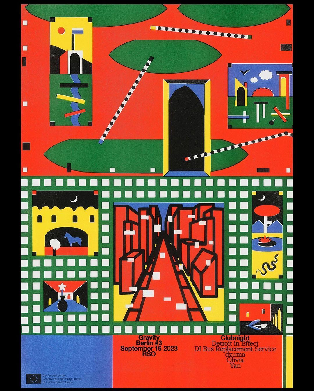 Vibrant graphic art poster in bold colors featuring stylized cityscapes, archways, and geometric shapes; promoting 'Gravity' event in Berlin.