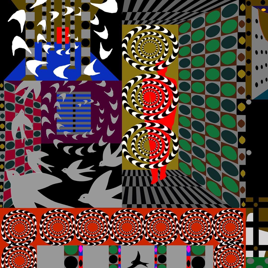 Abstract art featuring geometric shapes, spirals, and stylized birds in a vibrant and visually engaging composition.