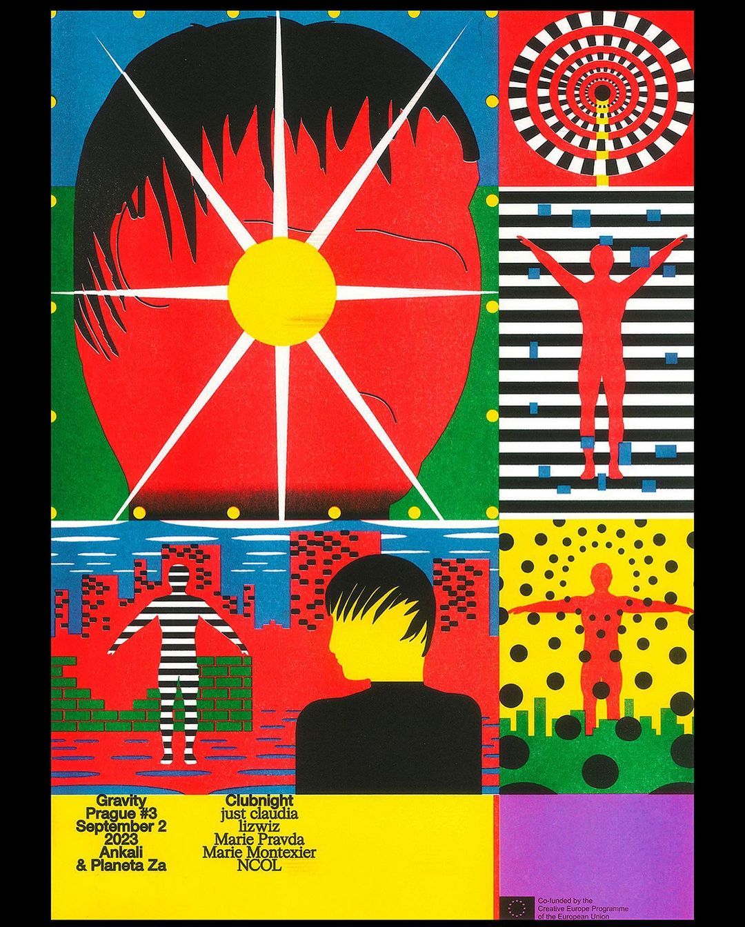 Graphic art poster with red human face, figures, and geometric shapes in black, yellow, and blue color blocks, promoting a Gravity Prague event.