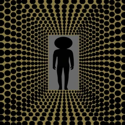 Digital illustration of a silhouette figure with a large round head standing inside a grey frame amid a black dot pattern.