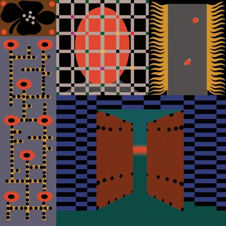 Digital illustration by Chris Harnan featuring geometric patterns, a central red oval grid, and a brown double door against dark backgrounds.