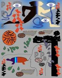 Surreal digital illustration featuring a running figure, floating eyes with tears, letters, and abstract nature elements.
