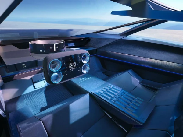 Inside view of a Peugeot car's futuristic interior with advanced digital interfaces, sleek design, and modern aesthetics.