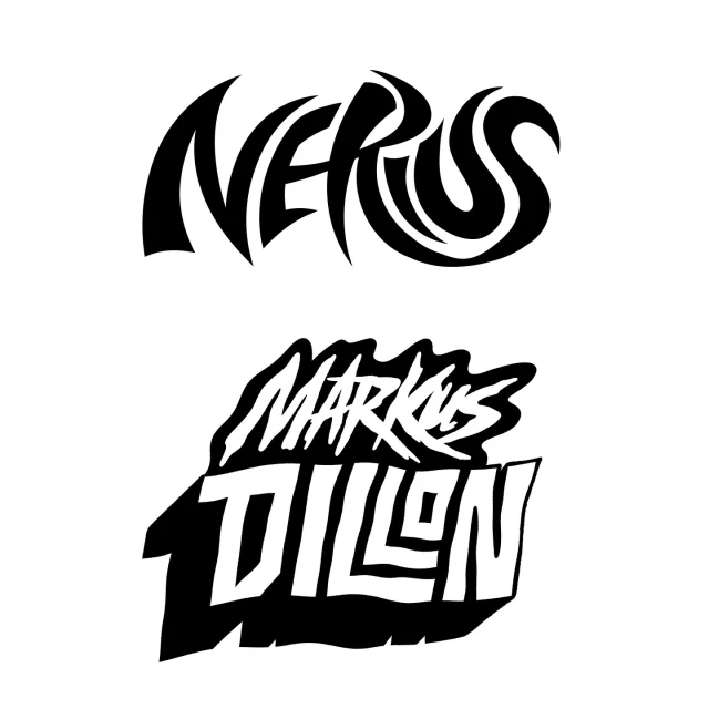 Black stylized typography of 'NERUS' and 'MARKUS DILLON' against a white backdrop, showcasing unique wordmark designs.