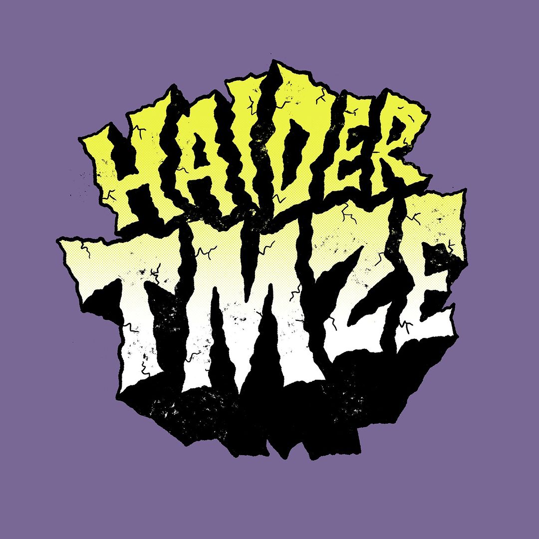 Cartoonish graphic design illustration. Yellow and white block-letter style text on a purple background. Haider Timze.