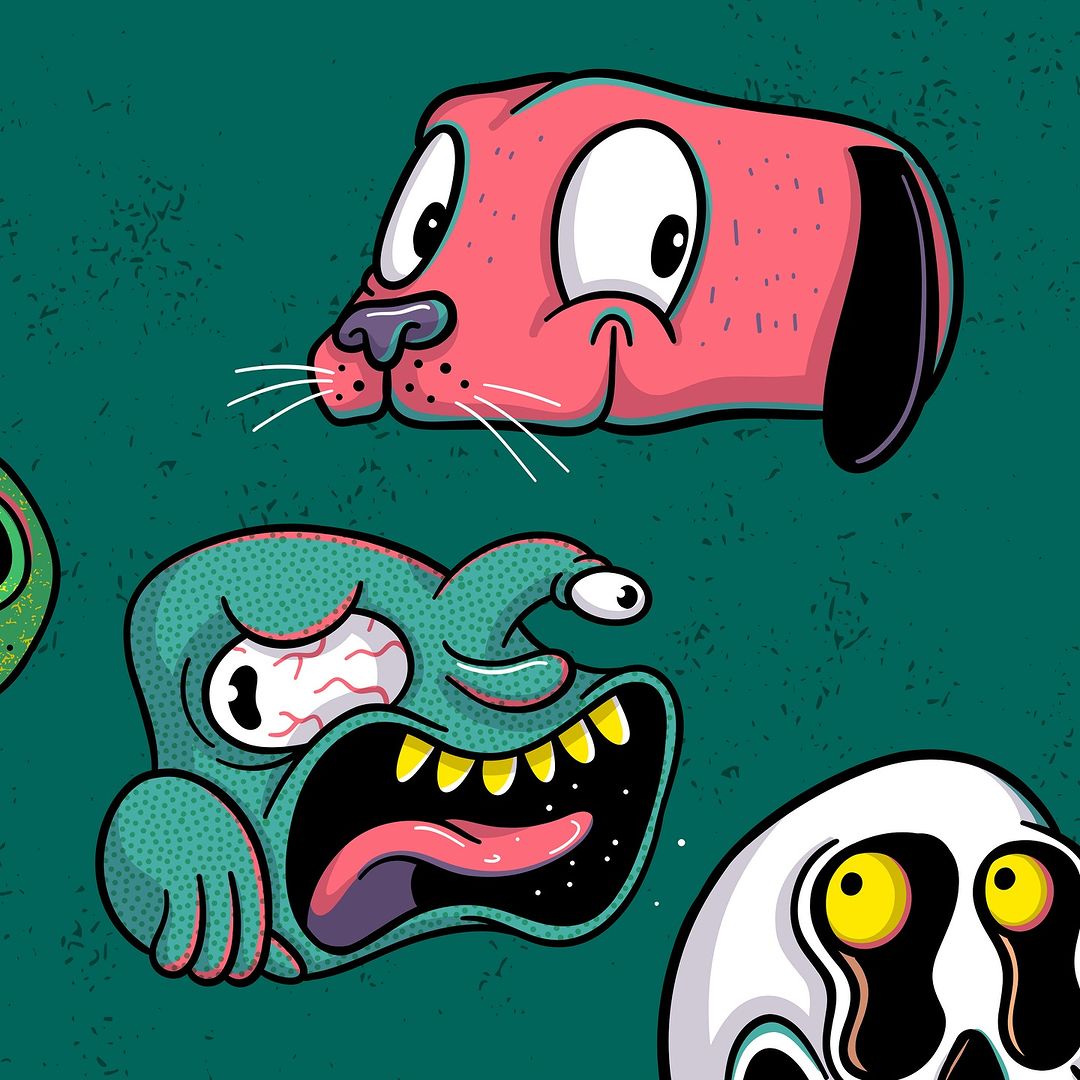 Whimsical cartoon illustration featuring a pink dog, a green monster, and a white skull on a textured teal background.