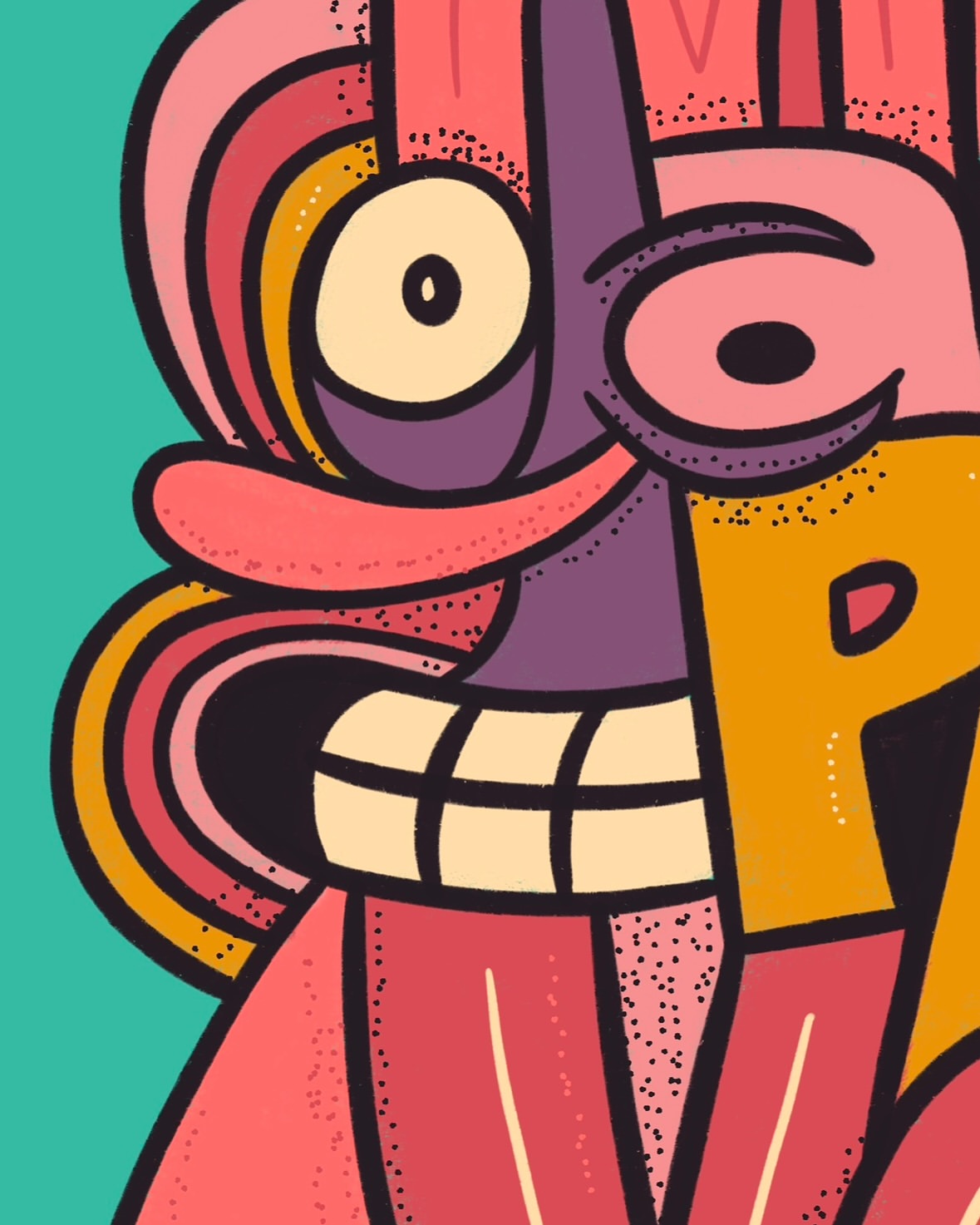 Whimsical digital illustration features a vibrant abstract face with bold lines, shapes, and a colorful palette on a teal background.