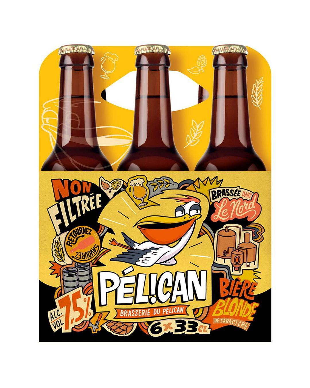 Six-pack of Pelicann Biere Blonde featuring a cartoon pelican, presented against a yellow background with beer bottle details.