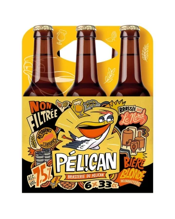 Six-pack of Pelicann Biere Blonde featuring a cartoon pelican, presented against a yellow background with beer bottle details.