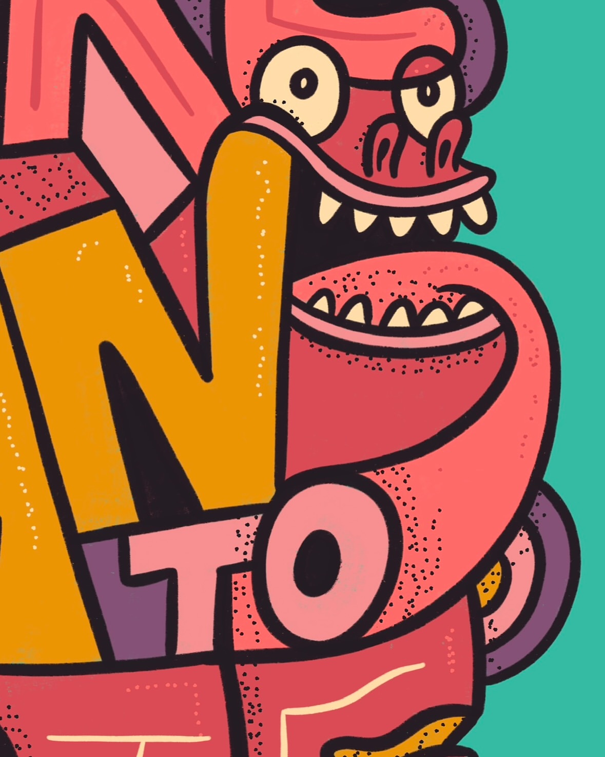 Colourful illustration with a cartoon monster face blended into bold text in shades of pink, orange, and teal.