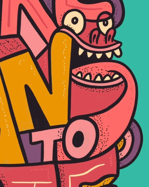 Colourful illustration with a cartoon monster face blended into bold text in shades of pink, orange, and teal.