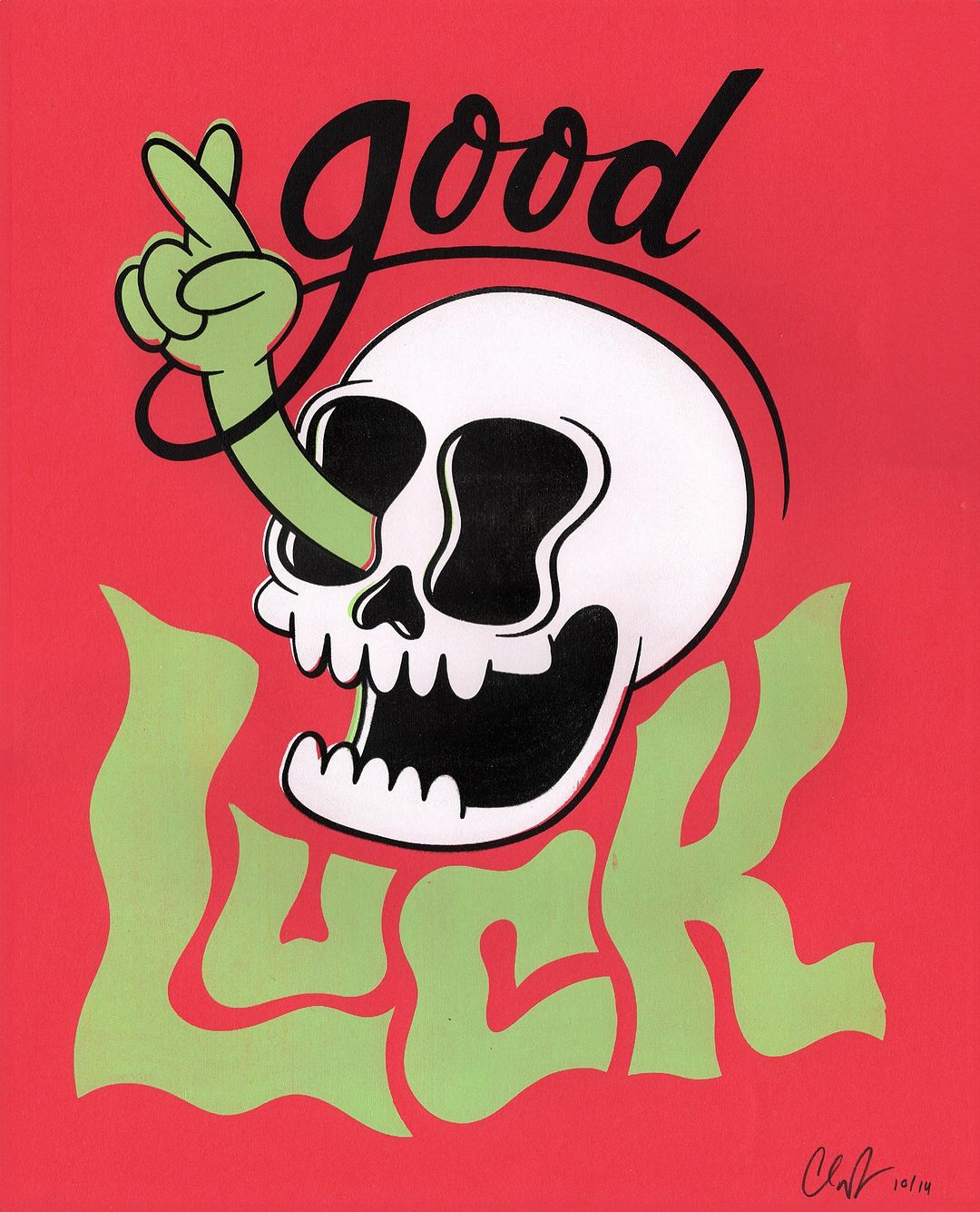 Whimsical art piece: A cartoon skull with a green, cartoon hand crossing its fingers coming out of the skull's eye socket.