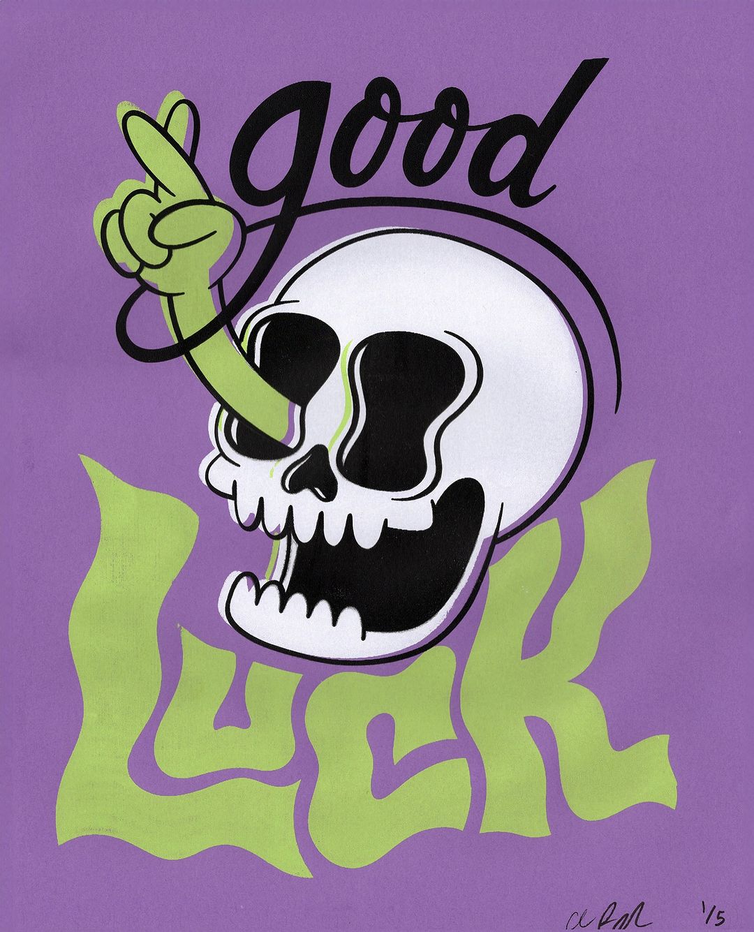Graphic art illustration featuring a skull with a peace sign, set against a solid purple background and stylized green lettering.