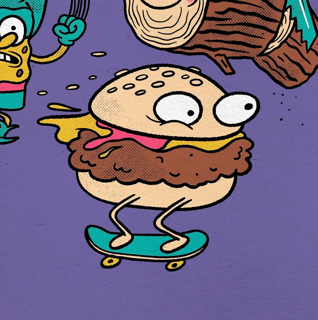 Cartoon illustration of a hamburger character with googly eyes skateboarding on a purple background with other cartoon characters.