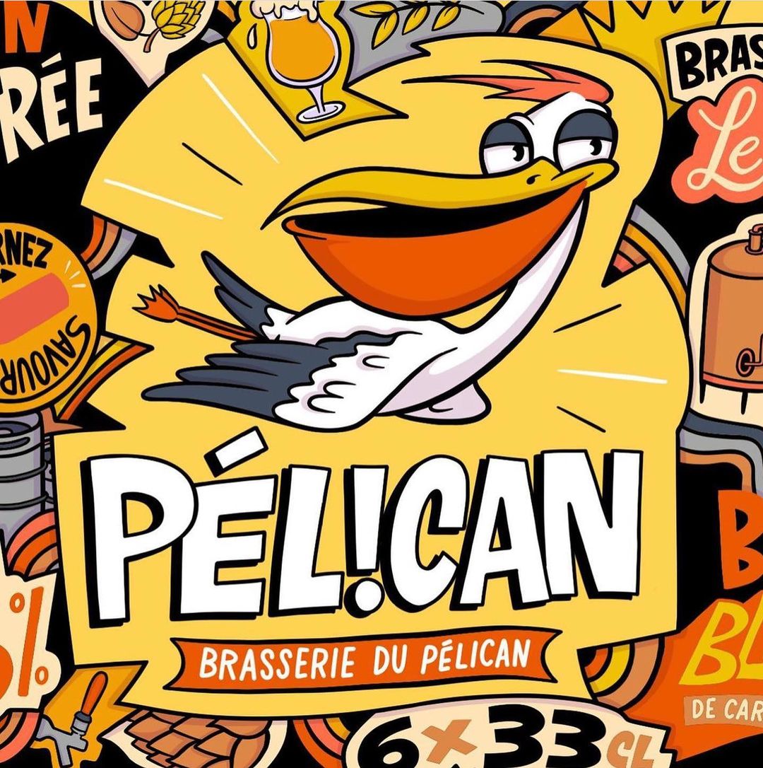 Illustration of a cartoon pelican with a beer and brewery theme, featuring bright colors and playful design elements against a dark background.