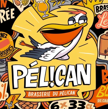 Illustration of a cartoon pelican with a beer and brewery theme, featuring bright colors and playful design elements against a dark background.
