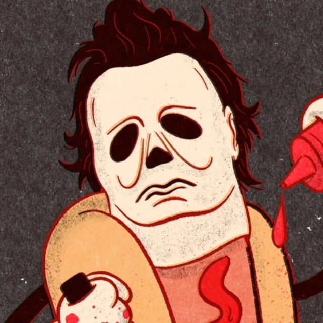 Illustrated character wearing a mask and tan jacket, with ketchup dripping. Illustration style with dark gray backdrop.
