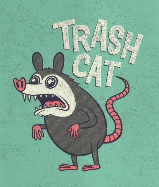 Cartoon-style illustration of a comical opossum character with exaggerated features, set against a textured turquoise backdrop with text.