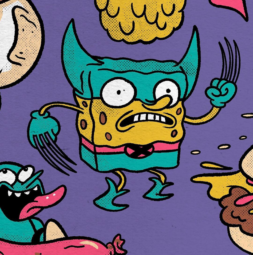 Illustration of Spongebob Squarepants character in Wolverine superhero costume with claws, surrounded by other cartoon figures.