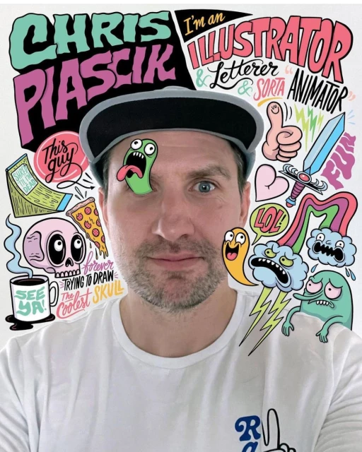 Headshot of Chris Piascik, an illustrator and animator, with cartoon drawings surrounding him, wearing a black cap and white t-shirt.