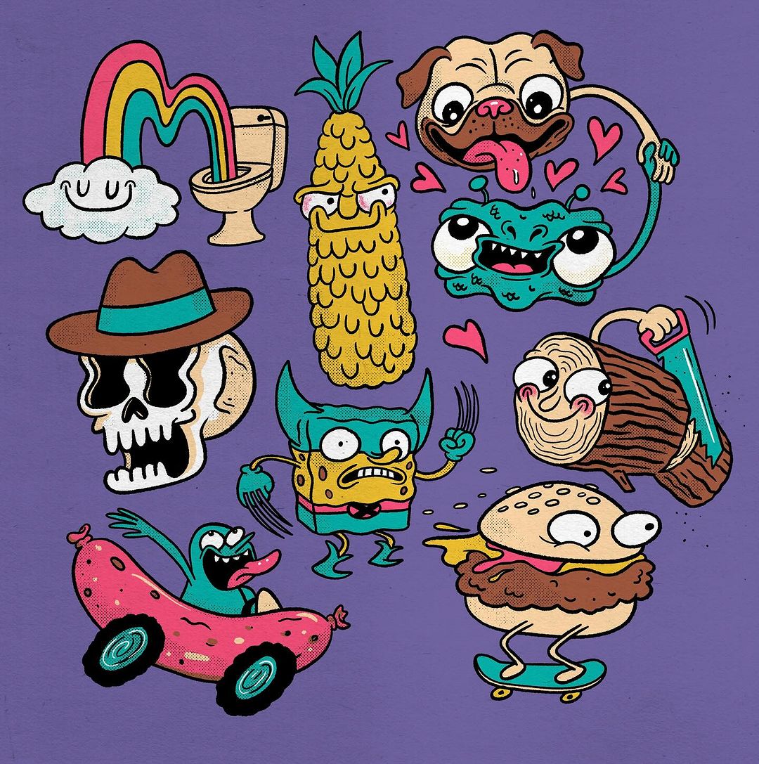Illustration art featuring cartoon characters including a pug, hamburger, pineapple, toilet, skull, and other objects with googly eyes on purple.