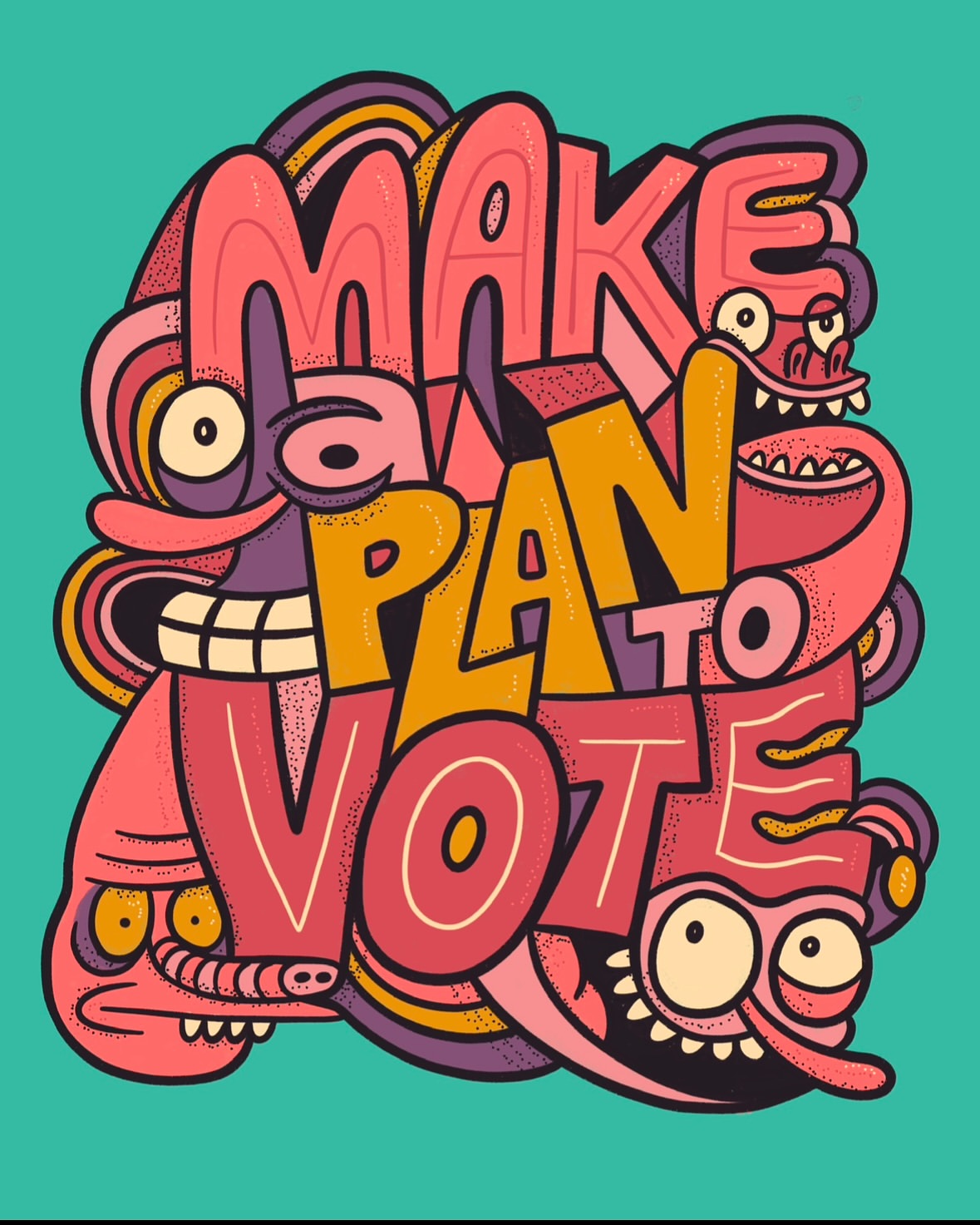 Illustration of text “Make a Plan to Vote” with cartoon monster faces, rendered in an outlined vector style on a teal background.