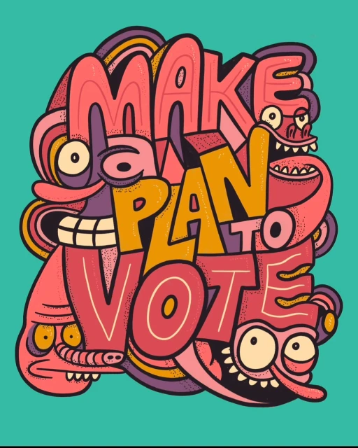 Illustration of text “Make a Plan to Vote” with cartoon monster faces, rendered in an outlined vector style on a teal background.