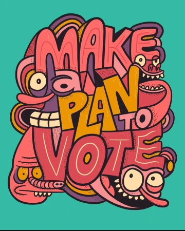Illustration of text “Make a Plan to Vote” with cartoon monster faces, rendered in an outlined vector style on a teal background.