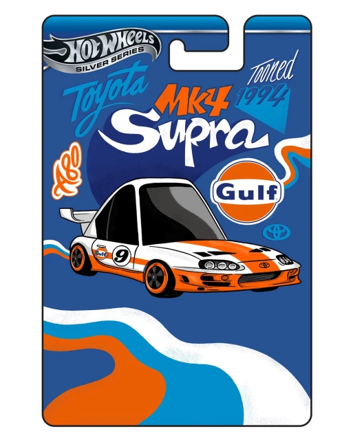 Illustration of a white and orange Toyota Supra MK4 race car with the number 9 on a blue background with Hot Wheels logo and text.