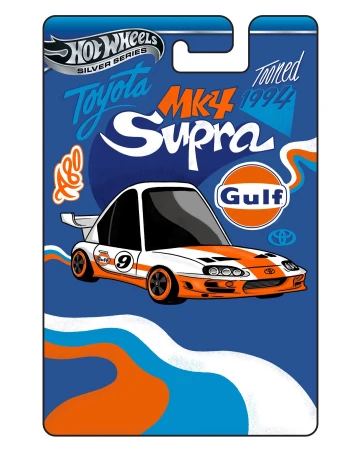 Illustration of a white and orange Toyota Supra MK4 race car with the number 9 on a blue background with Hot Wheels logo and text.