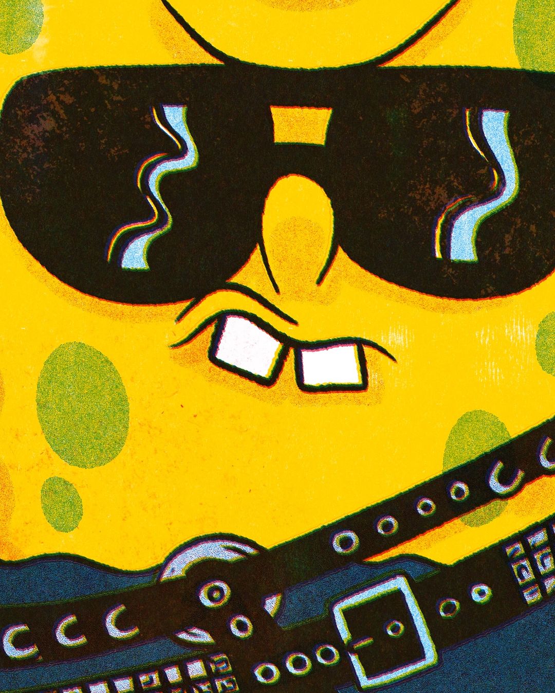 Cartoon character with sunglasses and a studded belt, close-up illustration style, against a bright yellow background.
