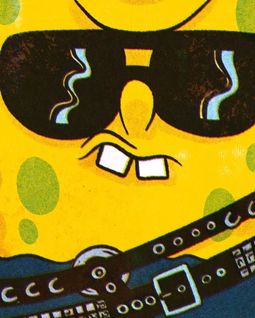 Cartoon character with sunglasses and a studded belt, close-up illustration style, against a bright yellow background.