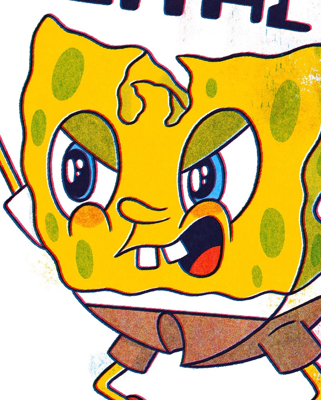 Cartoon image of Spongebob Squarepants with an angry facial expression, rendered in a cartoon style with bold lines and bright colours.